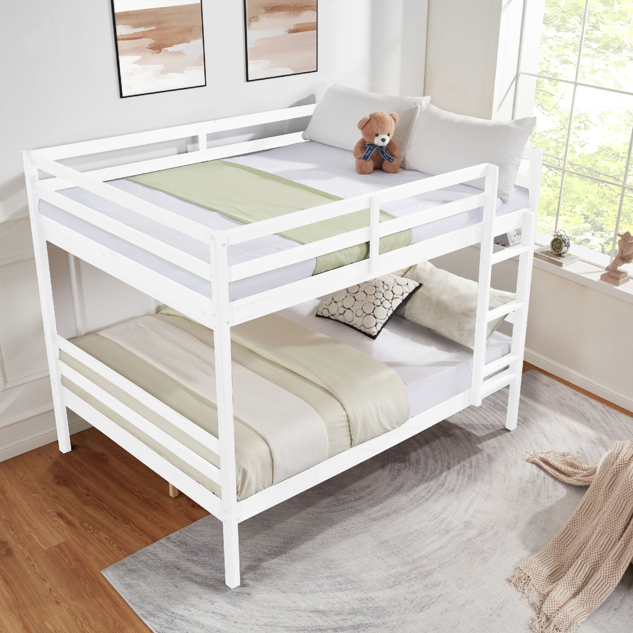 Full over Full Bunk Bed with Ladder,Wooden Bunk Bed with High Guardrail and Ladder for Kids, Teens, Dorm Rooms, and Guest Rooms,No Box Spring Needed,White Full over Full Bunk Bed with Ladder,Wooden Bunk Bed with High Guardrail and Ladder for Kids, Teens, Dorm Rooms, and Guest Rooms,No Box Spring Needed,White